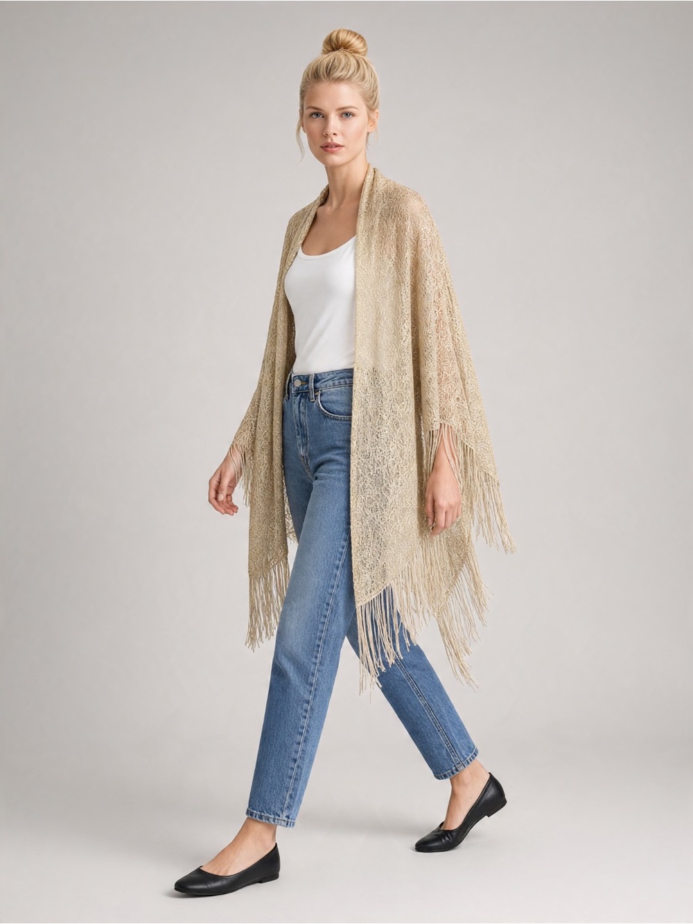 Bohemian Fringe Open-Front Knit Pashmina - Gold/Beige Floral pattern. Festival. - Picture 1 of 11